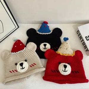 Cute knitted bear ear hats in black, beige, and red colors for autumn and winter warmth