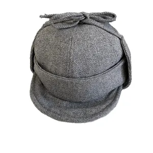 Unisex γκρι καρό μάλλινο καπέλο trapper με προστατευτικά αυτιών για φθινόπωρο χειμώνα