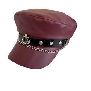 Burgundy PU leather baker boy cap with silver anchor charm and metal chain detail