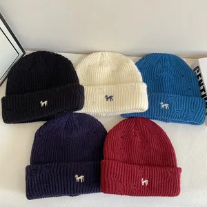 Distressed Knitted Beanie Hat For Women Winter Warm Acrylic Ribbed Knit Cuff Hat With Dog Embroidery Outdoor Windproof Hat
