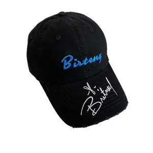 Classic black cotton baseball cap with blue Birteny embroidery and distressed brim detail