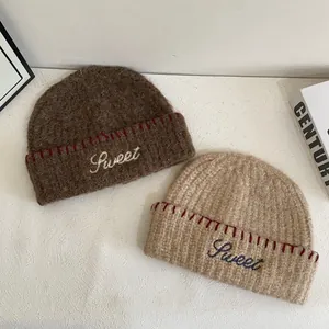 Chic knit beanies with Sweet letter embroidery and contrast stitching in warm autumn colors