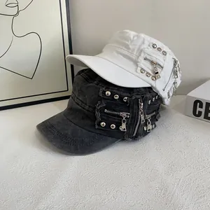 Flat top washed cotton military caps with metal zippers and studs in black and white
