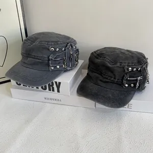 Women Washed Cotton Flat Top Cadet Hat Vintage Punk Style Metal Rivets Decorative Zipper Distressed Military Cap Summer Sun Hat