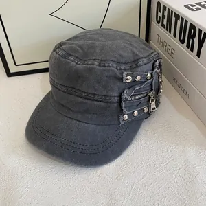 Vintage washed cotton flat top army cap with metallic zipper and rivet details