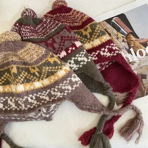 Cappello Da Trapper In Maglia Jacquard Fair Isle Vintage Da Donna Caldo Berretto Con Paraorecchie Invernale Con Pompon E Nappe