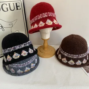 Women's Vintage Jacquard Knitted Bucket Hat Winter Warm Bohemian Pattern Mohair Blend Wool Fisherman Hat For Cold Weather Fashion Accessory