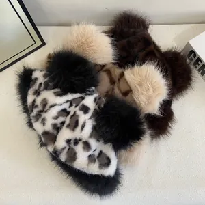 Winter plush animal ear hats in leopard print and faux fur colors for warm protection