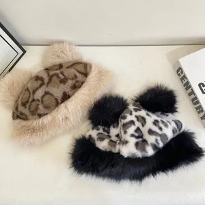 Winter faux fur leopard print hats with plush teddy ears in khaki and black styles
