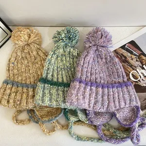 Women Winter Warm Chunky Knit Earflap Beanie Hat Mixed Color Marled Pom Pom Beanie With Braided Straps For Outdoor Travel