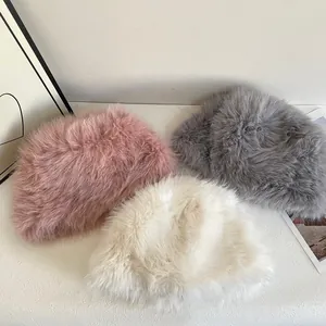 Plush faux fur winter bucket hats for women in pink, grey, and cream warm colors