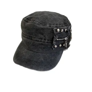 Washed cotton cadet hat with vintage metal studs and side zipper details in dark grey color