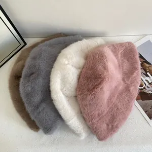 Dames Winter Pluche Nepbont Vissershoed Warm Zacht Pluizig Kunstkonijnenbont Textuur Fisherman Hat Effen Kleur Outdoor Headwear