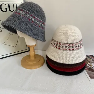 Fair Isle pattern knit bucket hat for women in various colors for autumn and winter
