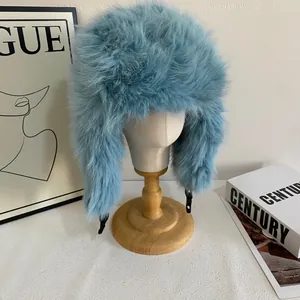 Women Faux Fur Trapper Hat Warm Winter Ushanka Lei Feng Hat Windproof Aviator Hat With Ear Flaps Plastic Buckle Outdoor Skiing