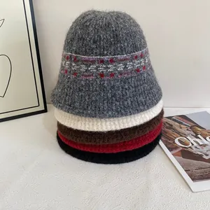 Fair Isle pattern knit bucket hats in five colors with warm wool texture for women