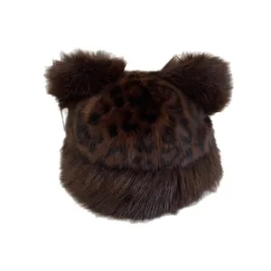 Winter faux fur leopard print bucket hat with bear ears for women in thick plush material