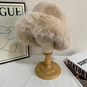 Women's Faux Fur Plush Bucket Hat Warm Winter Solid Color Faux Fox Fur Basin Hat Soft Windproof Outdoor Fisherman Hat