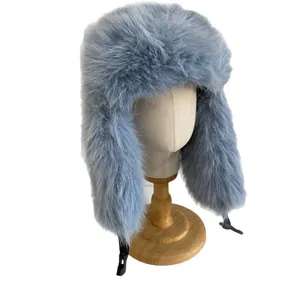 Light blue faux fur trapper hat with ear flaps and buckle for outdoor winter warmth