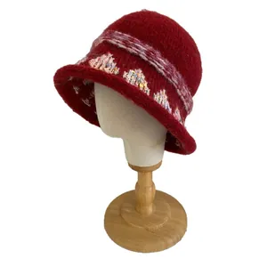 Retro burgundy knit cloche hat with colorful jacquard embroidery for winter warmth