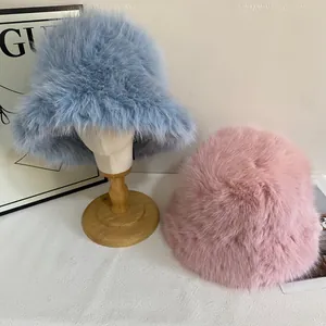 Sombrero de pescador de pelo sintético azul y rosa, gorro cálido de invierno mujer