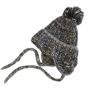 Winter warm knitted hat for women with pompom and earflaps in mixed grey yarn texture