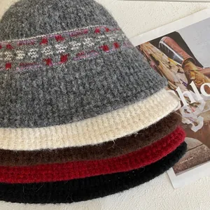 Fair Isle knitted bucket hat for women in five colors with thick warm wool texture