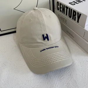 Detail of blue W embroidery and walk beside you text on cotton beige baseball cap