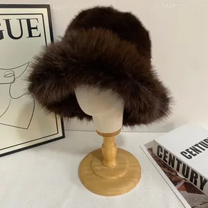 Macro detail of the plush dark brown faux fur texture on this winter bucket hat