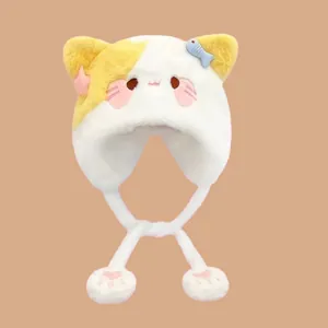 Cute cartoon plush cat ear hat in white and yellow with cute paw-shaped tassels