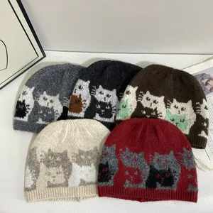 Vintage Cat Jacquard Knitted Beanie Hat For Women Men Autumn Winter Warm Ear Protection Wool Blend Beanie Cap Daily Wear