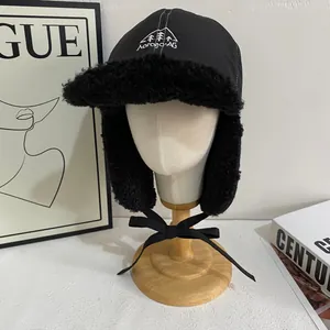 Winter thermal aviator hat with windproof fabric and thick black fleece lining