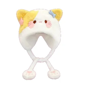 Cute cartoon cat plush trapper hat with ear flaps and paw drawstrings for winter