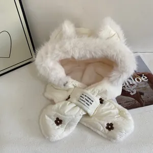 Winter thermal white fleece hooded scarf set with cute ears and flower embroidery