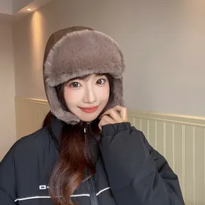 Winter thermal leather trapper hat with thick grey faux fur lining for women and men