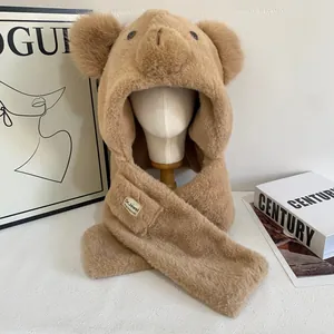 Damen Süßer Bär Plüsch Integrierter Hutschal Winter Warm Kunstfell Kapuzenschal Mit Ohren Trapper Mütze Outdoor Kälteschutz Zubehör