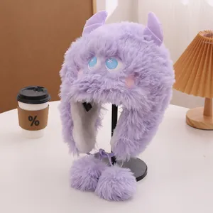 Cappello da mostro in peluche viola con corna e occhi a stella, caldo berretto invernale