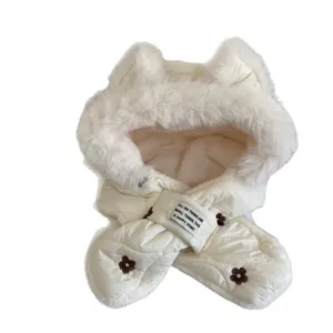 Thickened windproof baby winter hooded scarf with plush lining and cute 3D animal ears