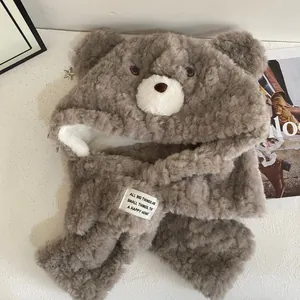Brauner Bär-Ohren Plüschkapuzenschal mit dickem Futter und Webetikett-Detail
