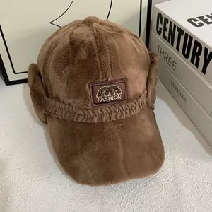 Winter dark brown plush ponytail baseball cap with detachable warm earflaps and fashion logo