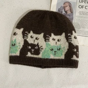 Retro dark brown mohair beanie with cute cat jacquard pattern for winter warmth