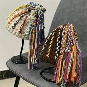 Bohemian Handmade Knit Beanie With Colorful Dreadlock Tassels Ethnic Style Warm Winter Hat For Women Fashion Headwear