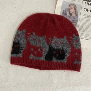 Vintage red knitted beanie with cat jacquard pattern in soft mohair blend wool