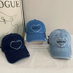 Women Vintage Heart Embroidery Denim Baseball Cap Distressed Frayed Edge Cotton Sun Hat Y2K Streetwear Adjustable Duck Tongue Cap