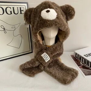 Damen Süße Bärenohren Kunstpelz Plüsch Mütze Schal Set Winter Warm Verdickt Outdoor Kapuzenschal Mode Accessoires