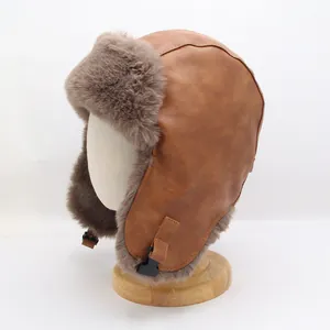 Vintage Faux Leather Trapper Hat For Women Men Winter Warm Faux Fur Aviator Hat Windproof Outdoor Skiing Cap With Ear Flaps