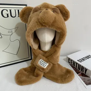 Brown plush bear ear hooded scarf combo set for autumn and winter cold protection