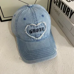 Vintage light blue denim baseball cap with heart embroidery and GROHE letter logo
