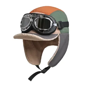 Fleece-lined winter aviator hat with protective earflaps and decorative goggles