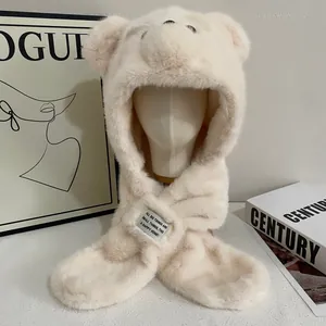 Cute bear ear plush hood scarf combo in creamy white fleece for winter warmth